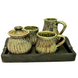 Stoneware Pottery Set of 2 Coffee Mugs, Sugar, Creamer and Wood Tray